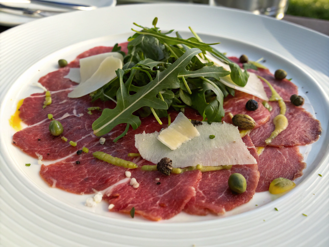 Thinly sliced beef carpaccio with arugula and parmesan