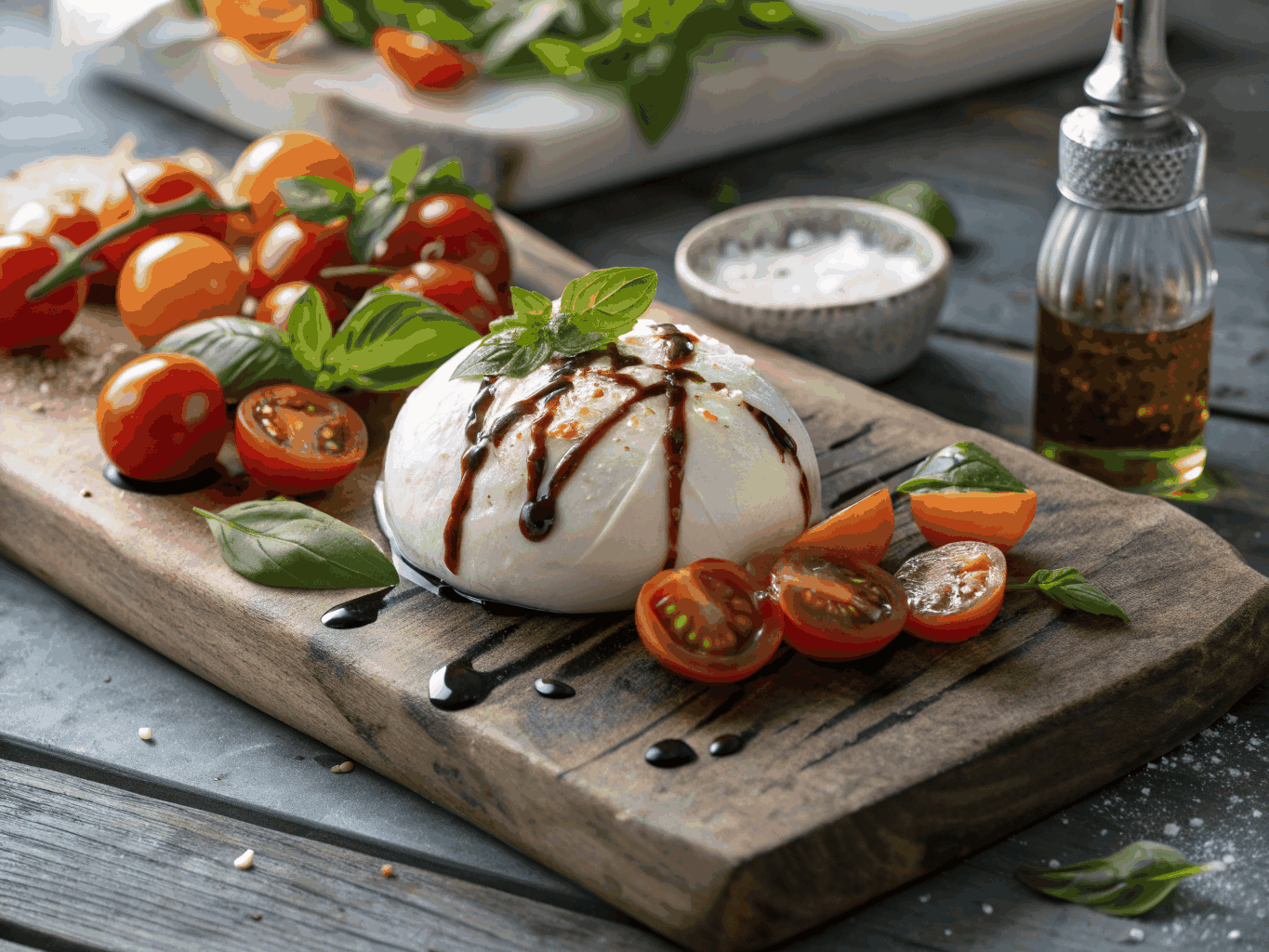 Creamy burrata cheese with heirloom tomatoes and basil