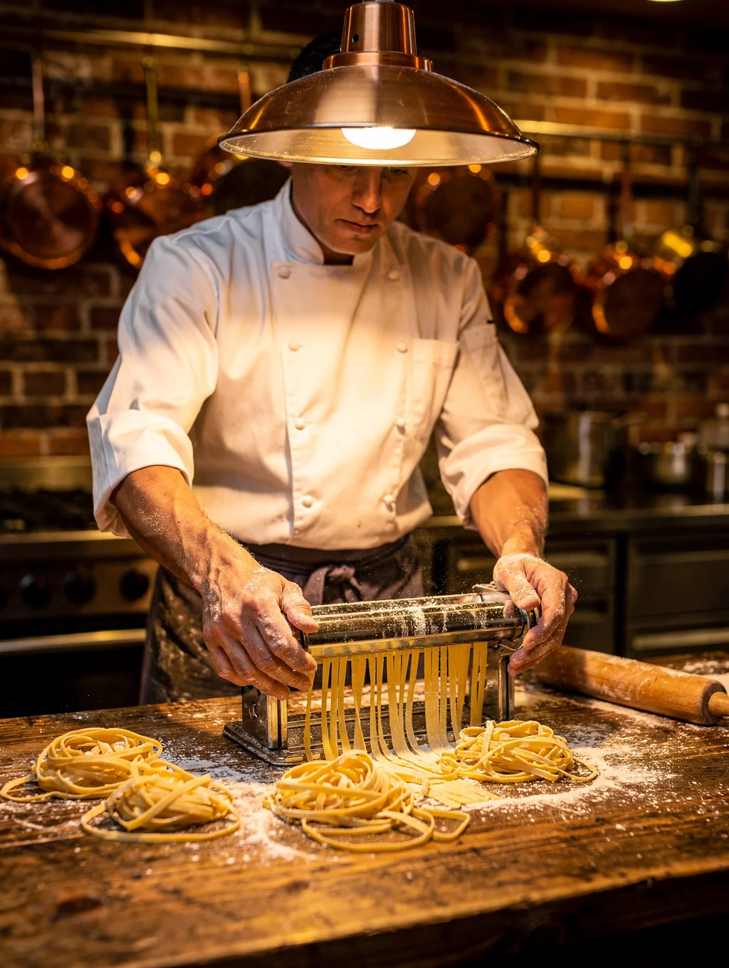 Executive chef preparing handmade pasta in our kitchen