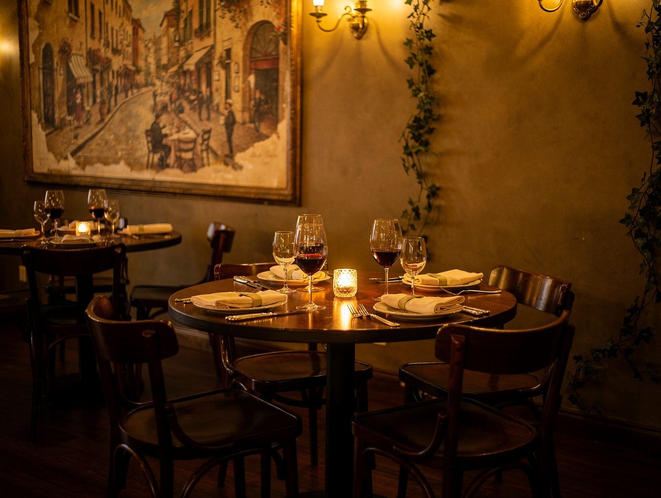 Warm candlelit dining room with cozy tables and stone arches