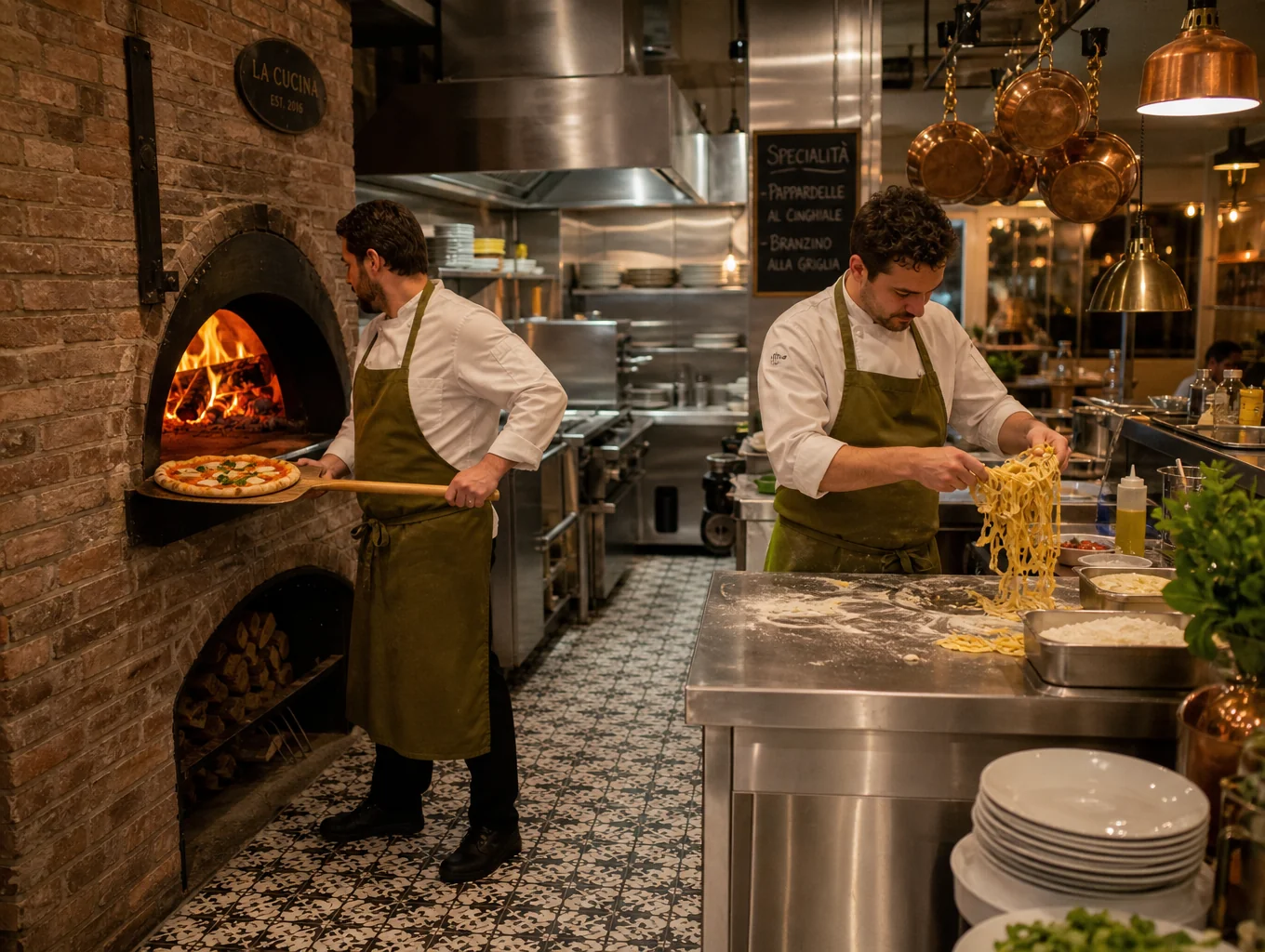 Chefs preparing fresh pasta by the open flame kitchen hearth