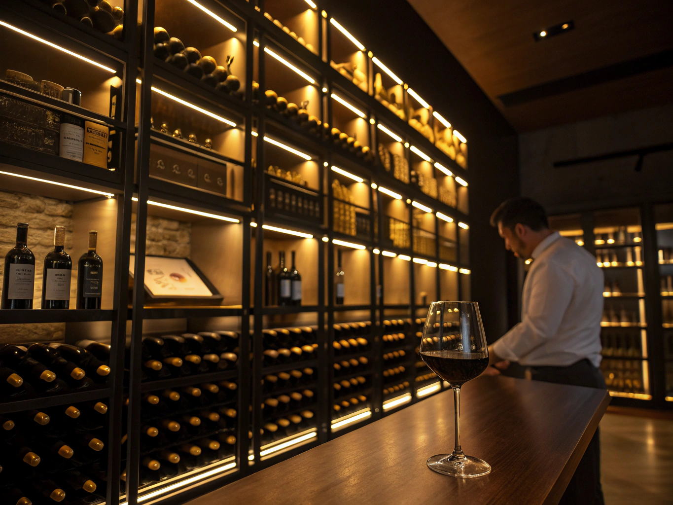 Temperature controlled wine cellar with sommelier table