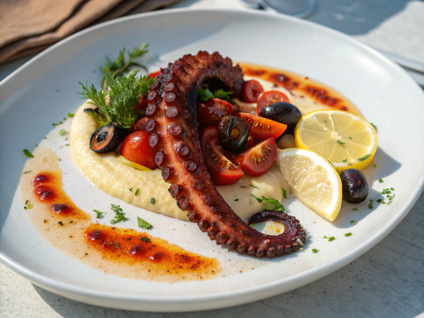 Grilled octopus served on a bed of potato puree