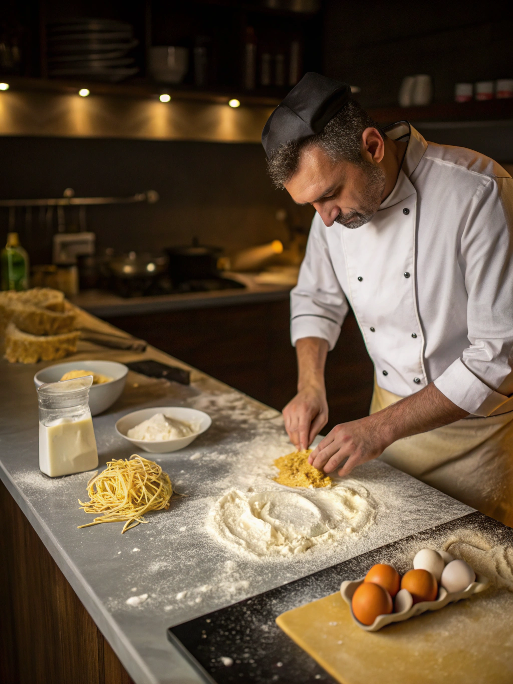 Chefs preparing fresh handmade pasta on a rustic wood table